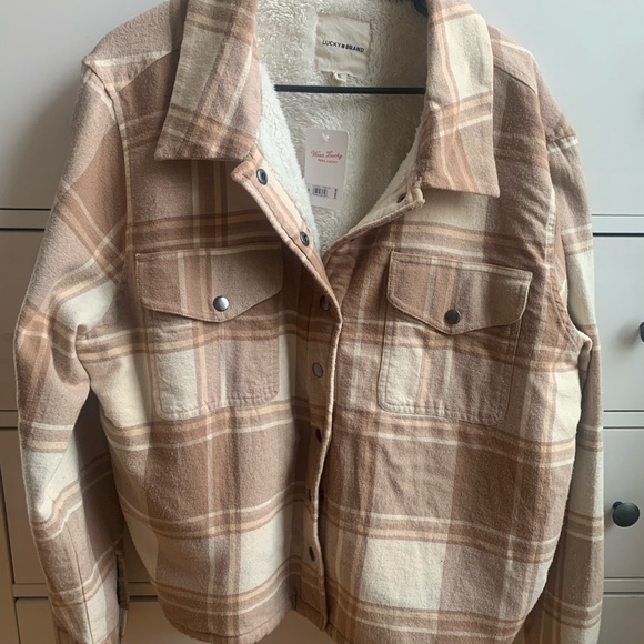 Women’s LUCKY BRAND Tan Plaid Flannel Sherpa Lined Shacket Jacket. Size XL - Picture 3 of 7